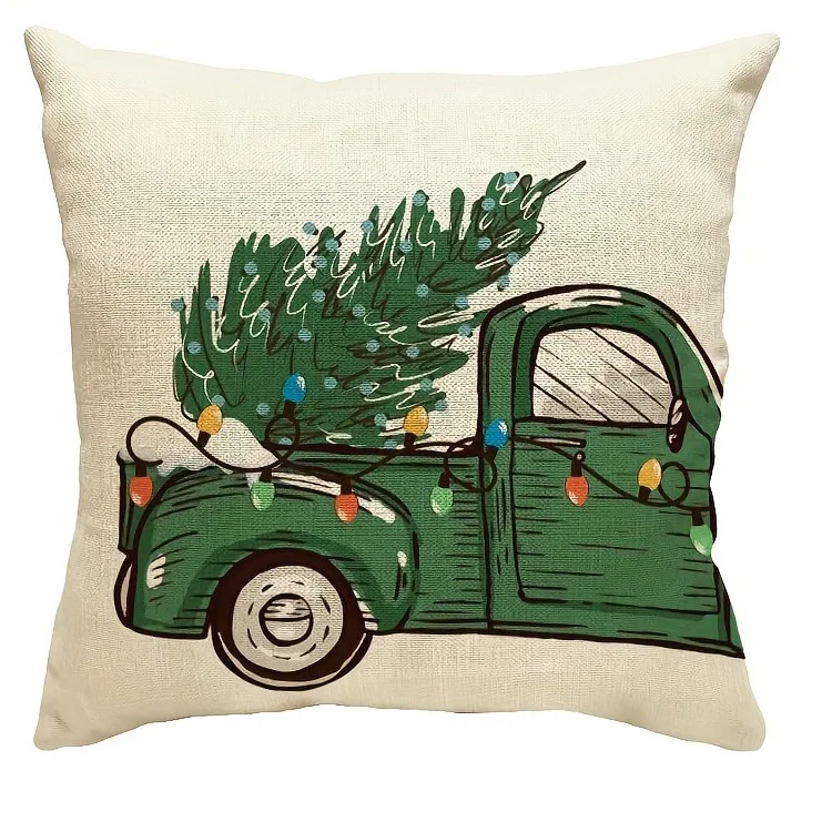 Housse de coussin Noël verte et beige sapins messages et camion vintage Housse de coussin Noël verte et beige sapins messages et camion vintage 4