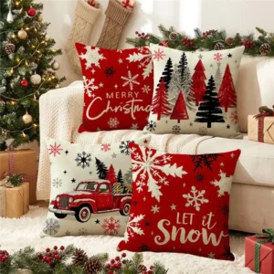 Housse de coussin Noël rouge et noir avec sapins flocons et camion vintage 1