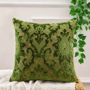 Housse de coussin Nature en chenille jacquard verte à motif de feuilles tropicales 5