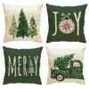Housse de coussin Noël verte et beige sapins messages et camion vintage 1