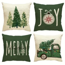 Housse de coussin Noël verte et beige sapins messages et camion vintage Housse de coussin Noël verte et beige sapins messages et camion vintage 1