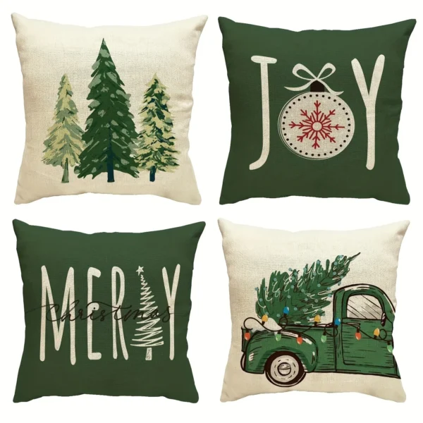 Housse de coussin Noël verte et beige sapins messages et camion vintage Housse de coussin Noël verte et beige sapins messages et camion vintage 1