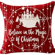 Housse de coussin Noël rouge motif château étoiles flocons 2
