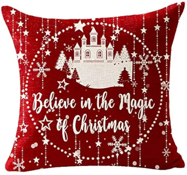 Housse de coussin Noël rouge motif château étoiles flocons 2