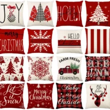 Housse de coussin Noël rouge et blanc sapins cerf flocons et textes festifs d’hiver Housse de coussin Noël rouge et blanc sapins cerf flocons et textes festifs d’hiver 1