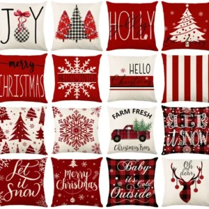 Housse de coussin Noël rouge et blanc sapins cerf flocons et textes festifs d’hiver Housse de coussin Noël rouge et blanc sapins cerf flocons et textes festifs d’hiver 1