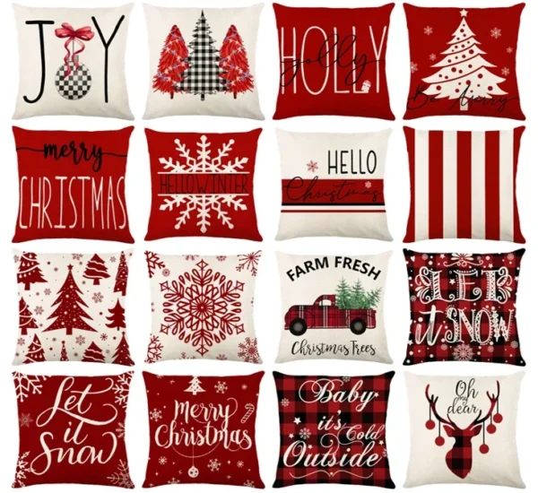 Housse de coussin Noël rouge et blanc sapins cerf flocons et textes festifs d’hiver Housse de coussin Noël rouge et blanc sapins cerf flocons et textes festifs d’hiver 1