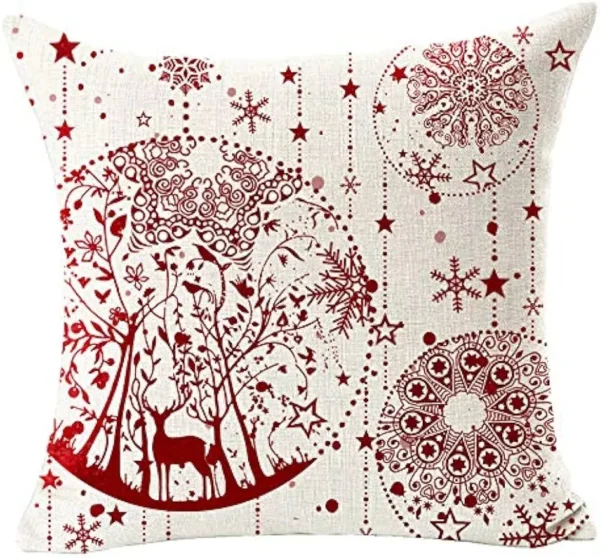 Housse de coussin Noël rouge motif château étoiles flocons 4