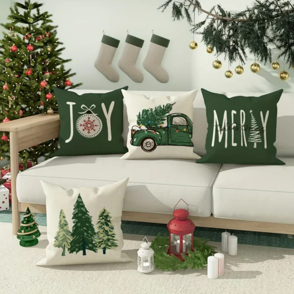 Housse de coussin Noël verte et beige sapins messages et camion vintage Housse de coussin Noël verte et beige sapins messages et camion vintage 2