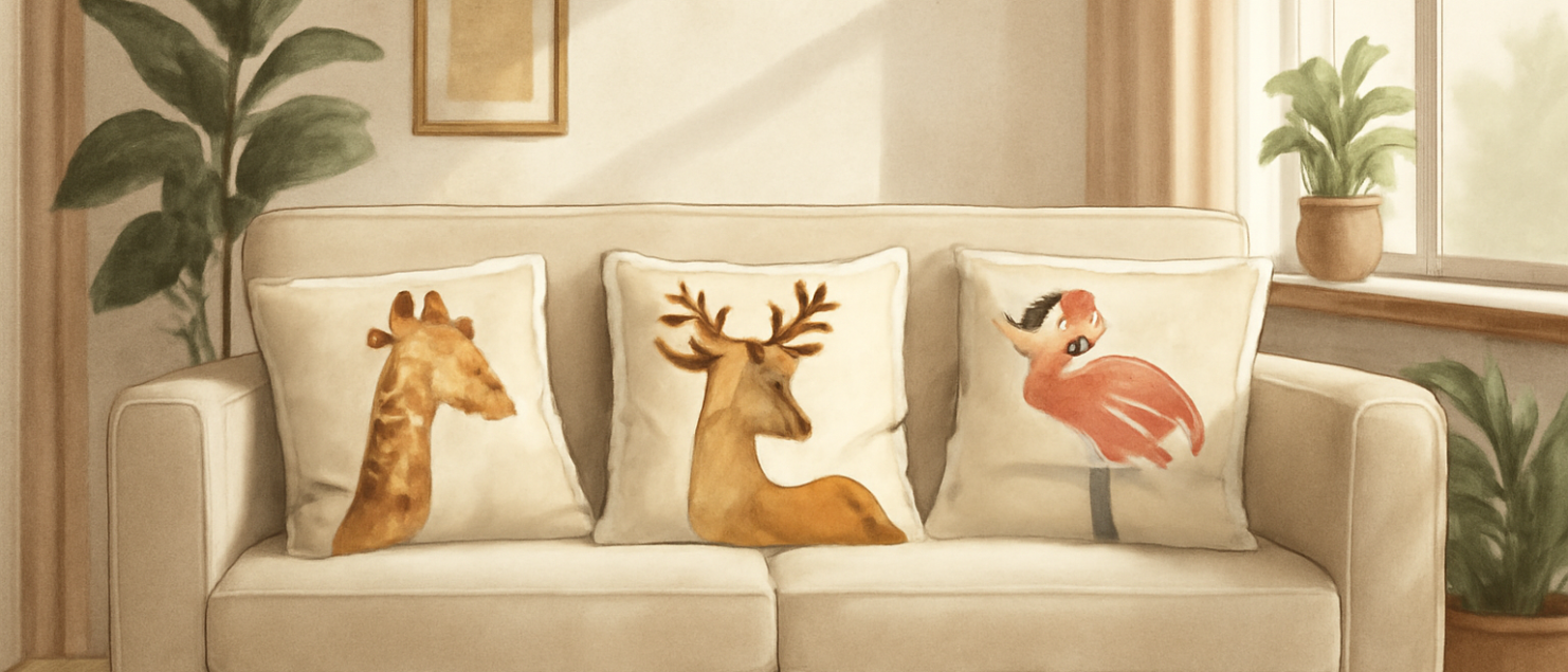 Illustration éditoriale : comment choisir des coussins animaux pour son salon