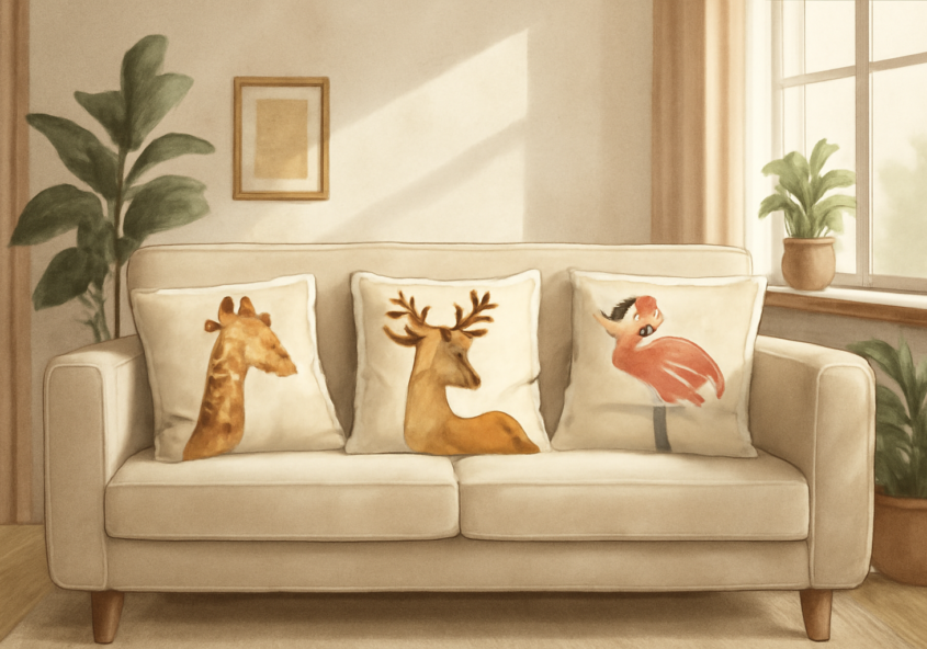 Illustration éditoriale : comment choisir des coussins animaux pour son salon