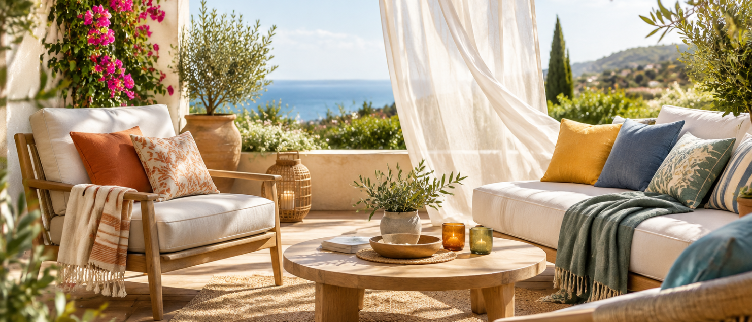 Illustration éditoriale : quels textiles choisir pour décorer une terrasse