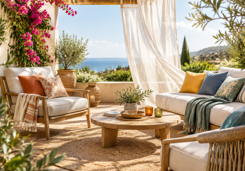 Illustration éditoriale : quels textiles choisir pour décorer une terrasse